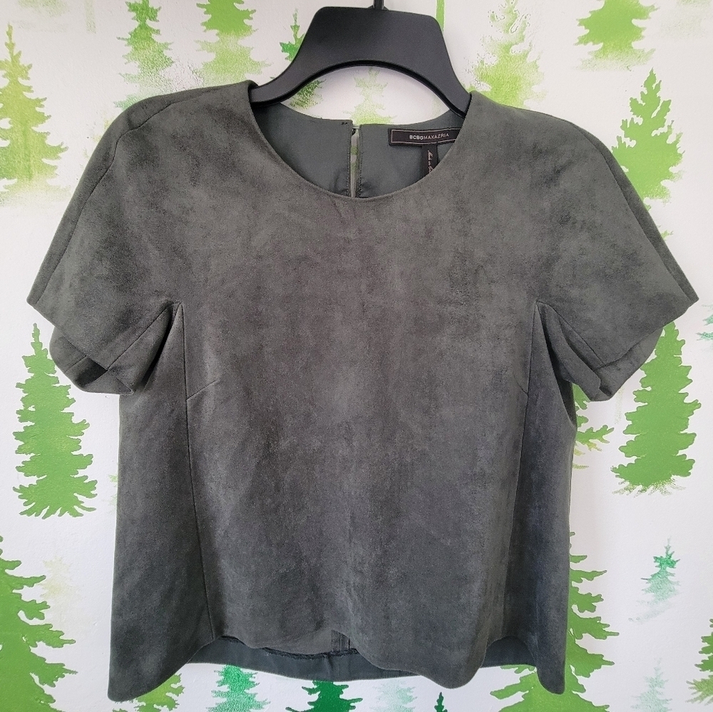 BCBG Maxazria Faux Suede Green Olive Top.